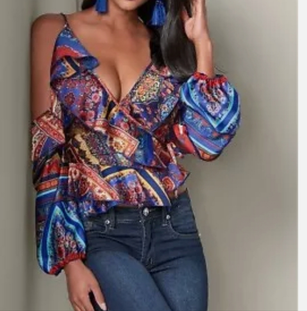 Venus Wrap Blouse size 6 Print Cold Shoulder Peplum
